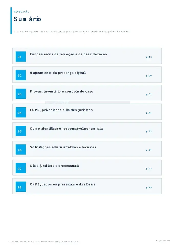 Sumário atualizado com os 16 módulos do curso